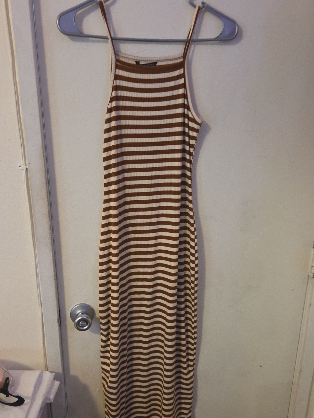 SHEIN Brown and Cream Striped Ribbed Maxi Dress